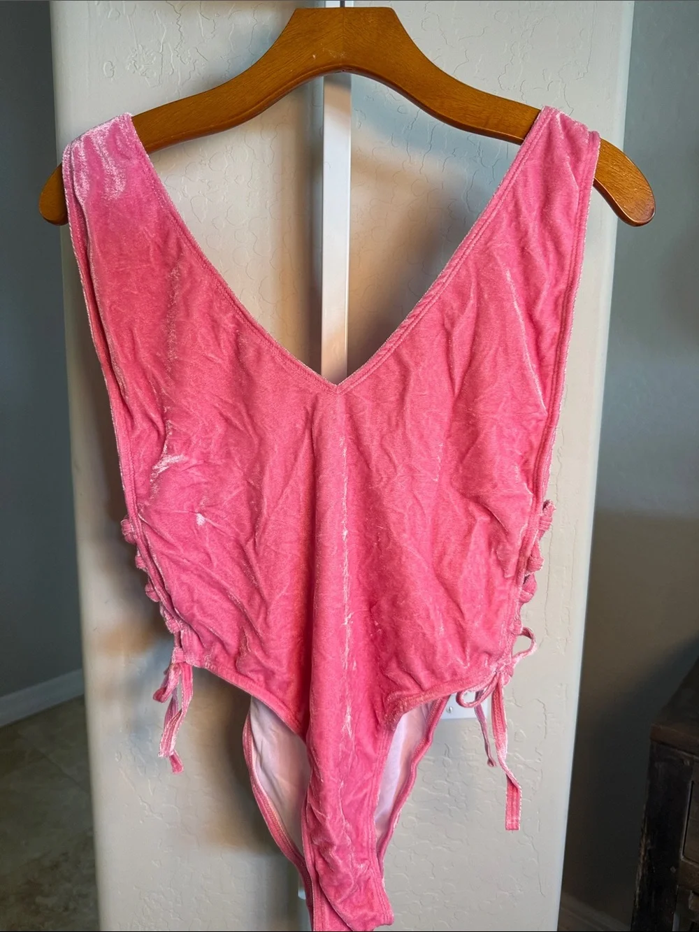 Motel Rocks Valdez Candy Pink Velvet Lace-Up One-Piece Swimsuit NWT